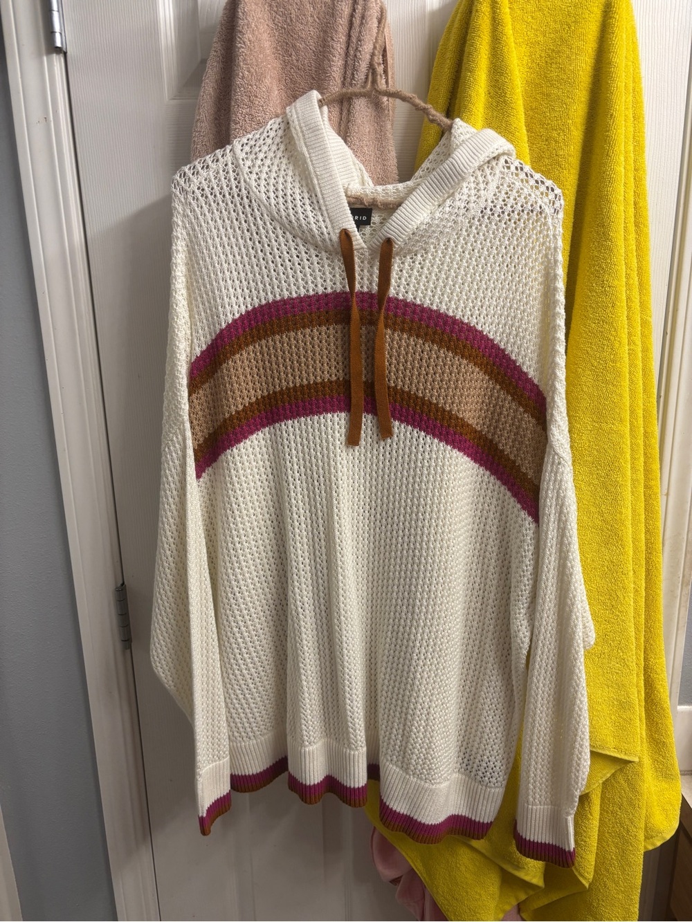 torrid Cream Open-Knit Hooded Sweater with Pink and Brown Stripes